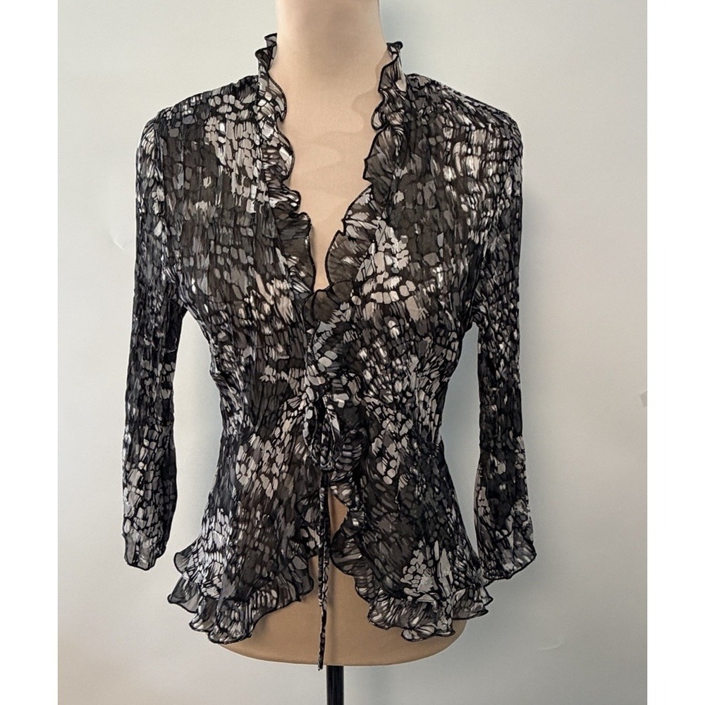 Vintage Women Top Sheer Y2K Crinkle Splatter Print Ruffle Medium Tie Front 2000s
